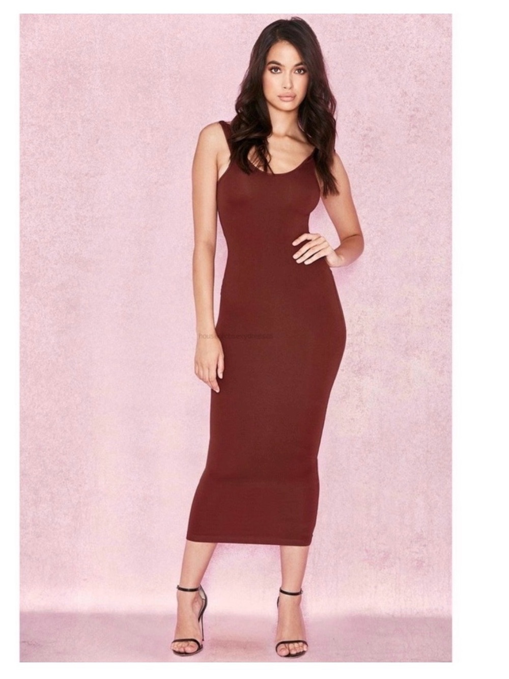 House of CB Burgundy Sleeveless Ribbed Midi Dress